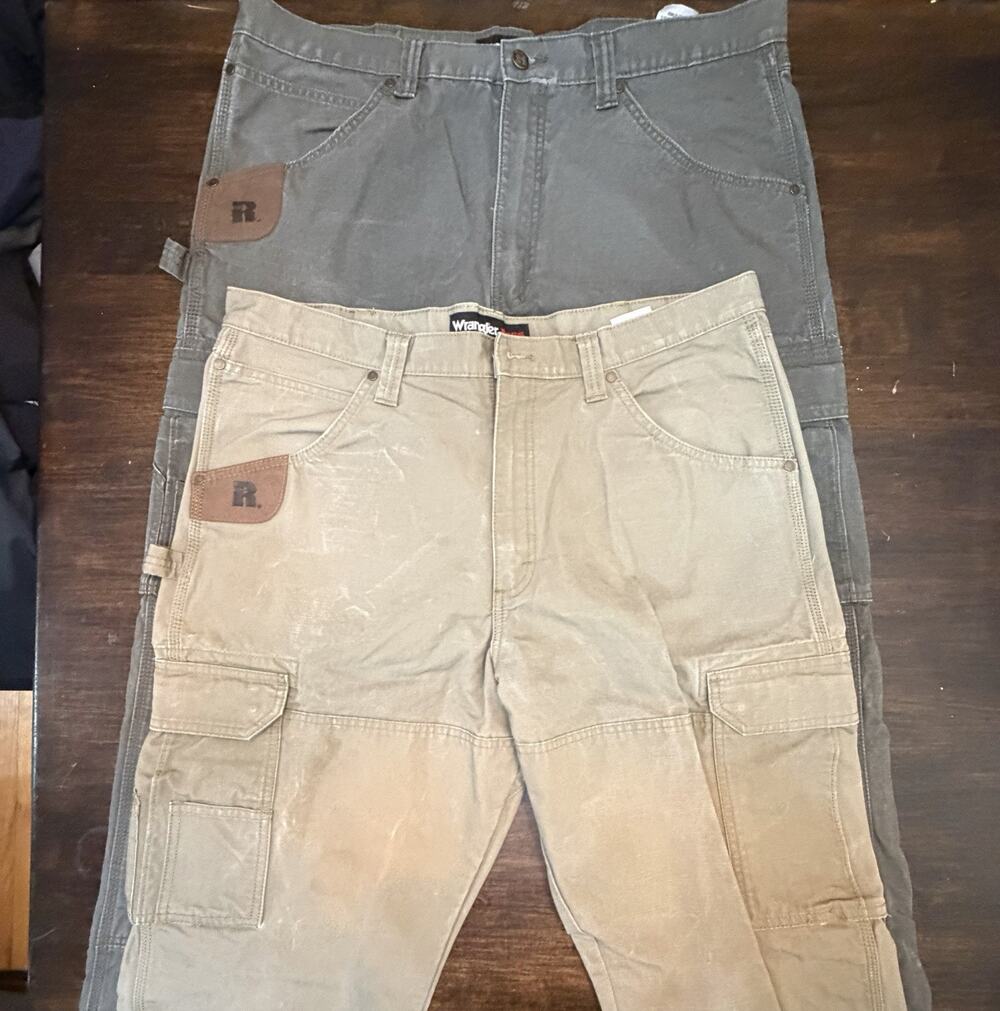 Wrangler Riggs Workwear Mens Green Tan Ripstop Cargo Pants 38x30-32 3W060LD
